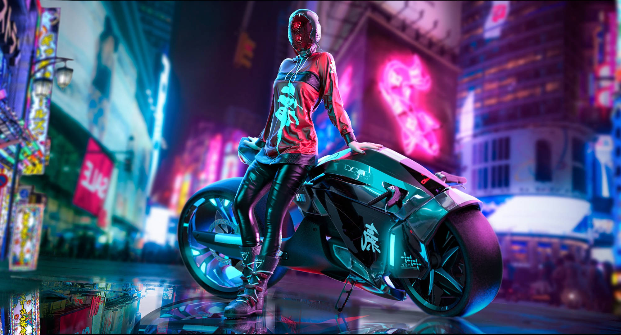 1920 × 1080 جيمنج امرأة سايبربانك مع دراجة نارية خلفية