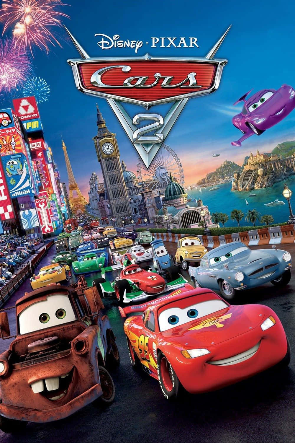 ملصق فيلم سيارات 2 مع السيارات والألعاب النارية خلفية