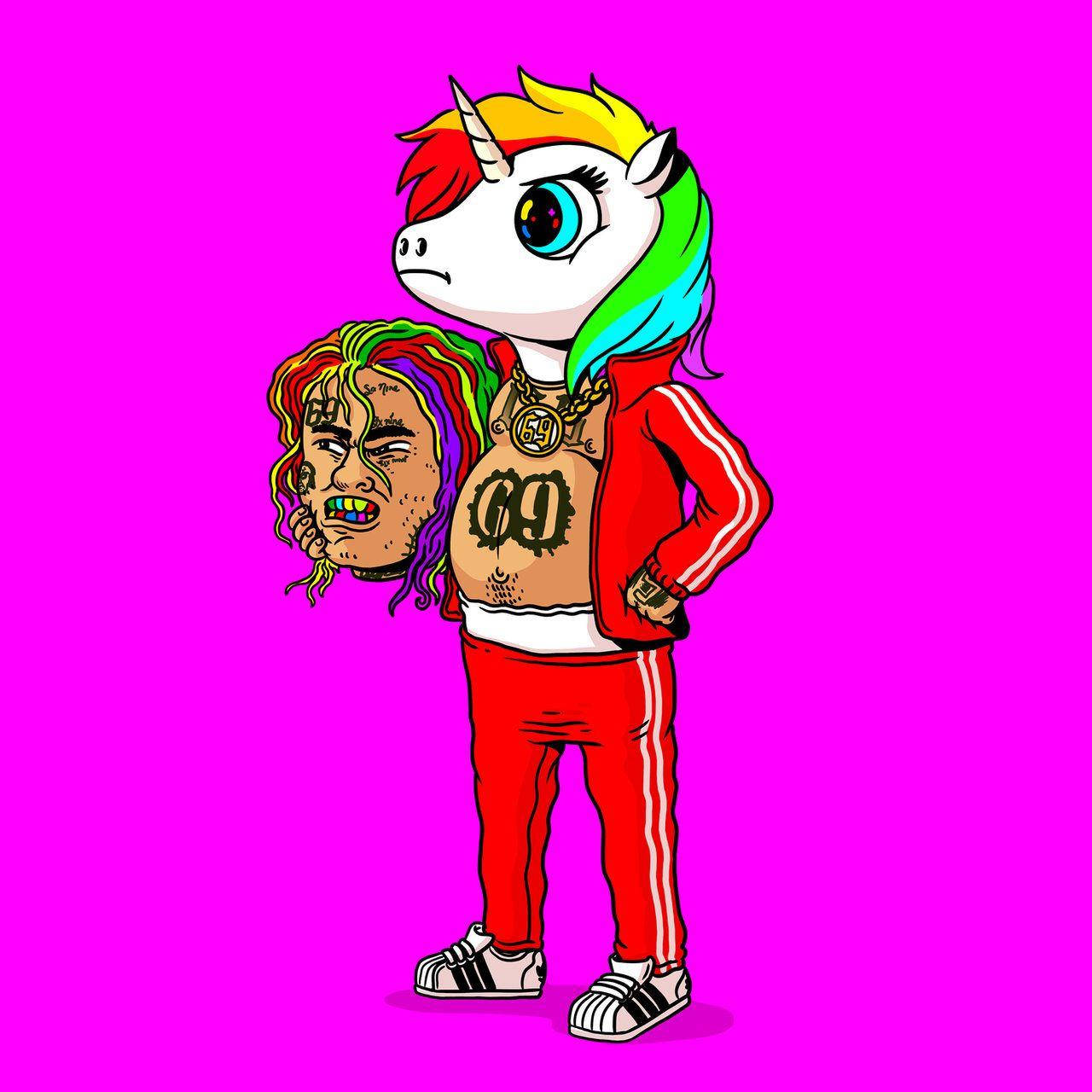 6ix9ine مع يونيكورن قوس قزح خلفية