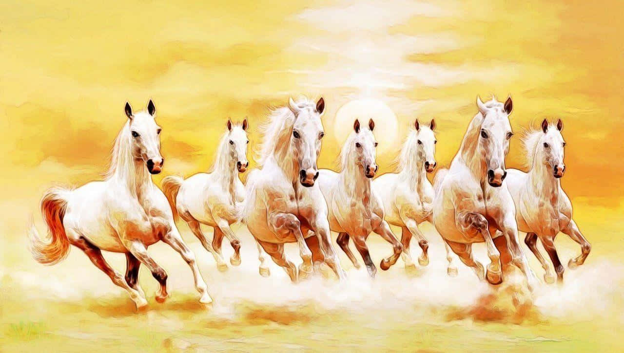 7 خيول بيضاء وشمس ذهبية خلفية