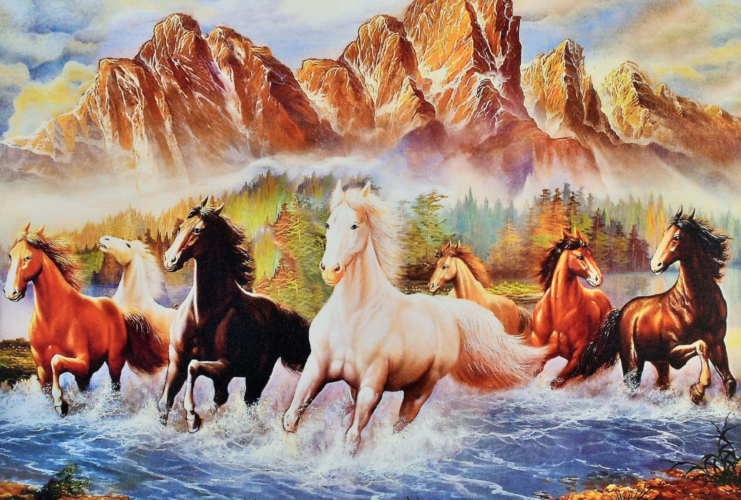 7 خيول تمشي عبر النهر خلفية