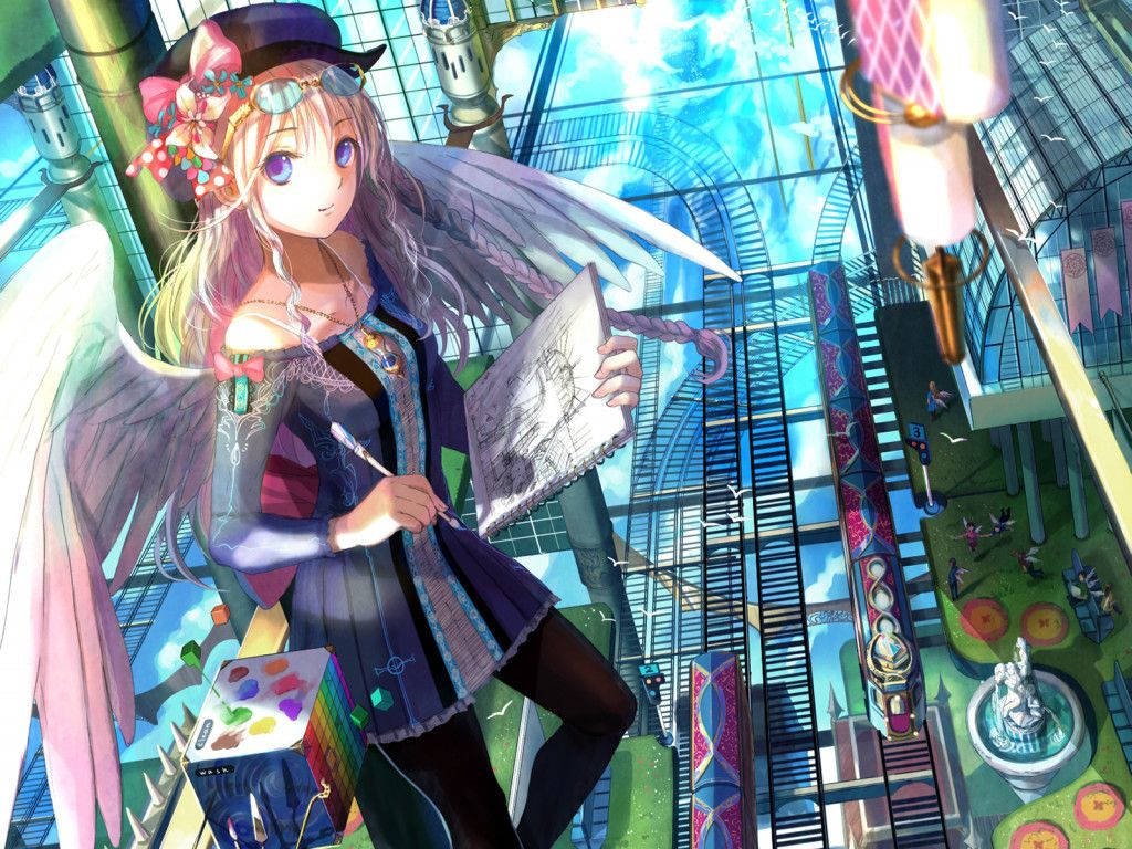 رسم فتاة أنمي كawaii بأجنحة ملاك خلفية