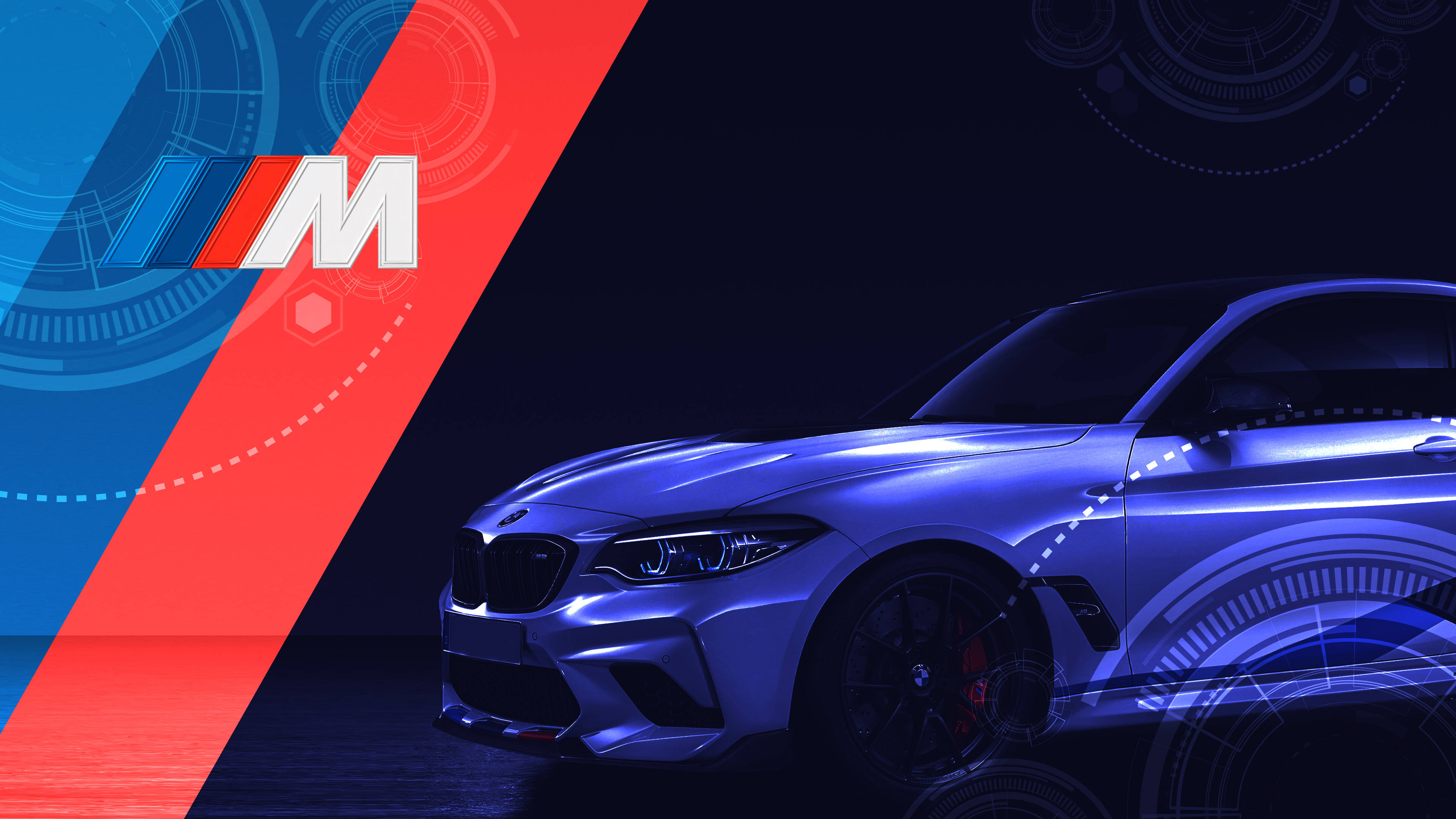 شعار BMW M مع سيارة نيلي خلفية