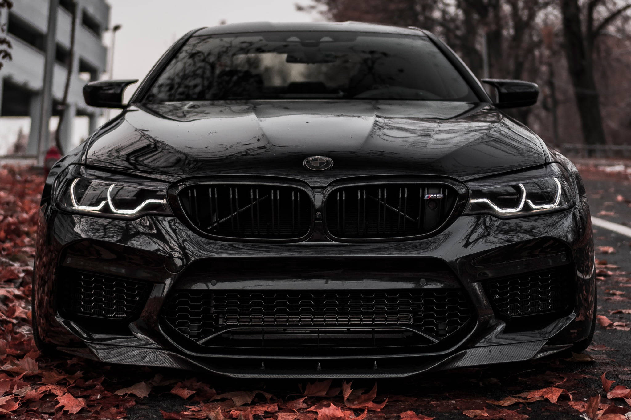 سيارة BMW M5 سوداء لامعة على حاسوب محمول خلفية