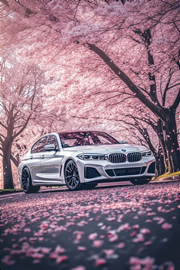 سيارة BMW بيضاء أنيقة تحت أزهار الكرز في الربيع خلفية