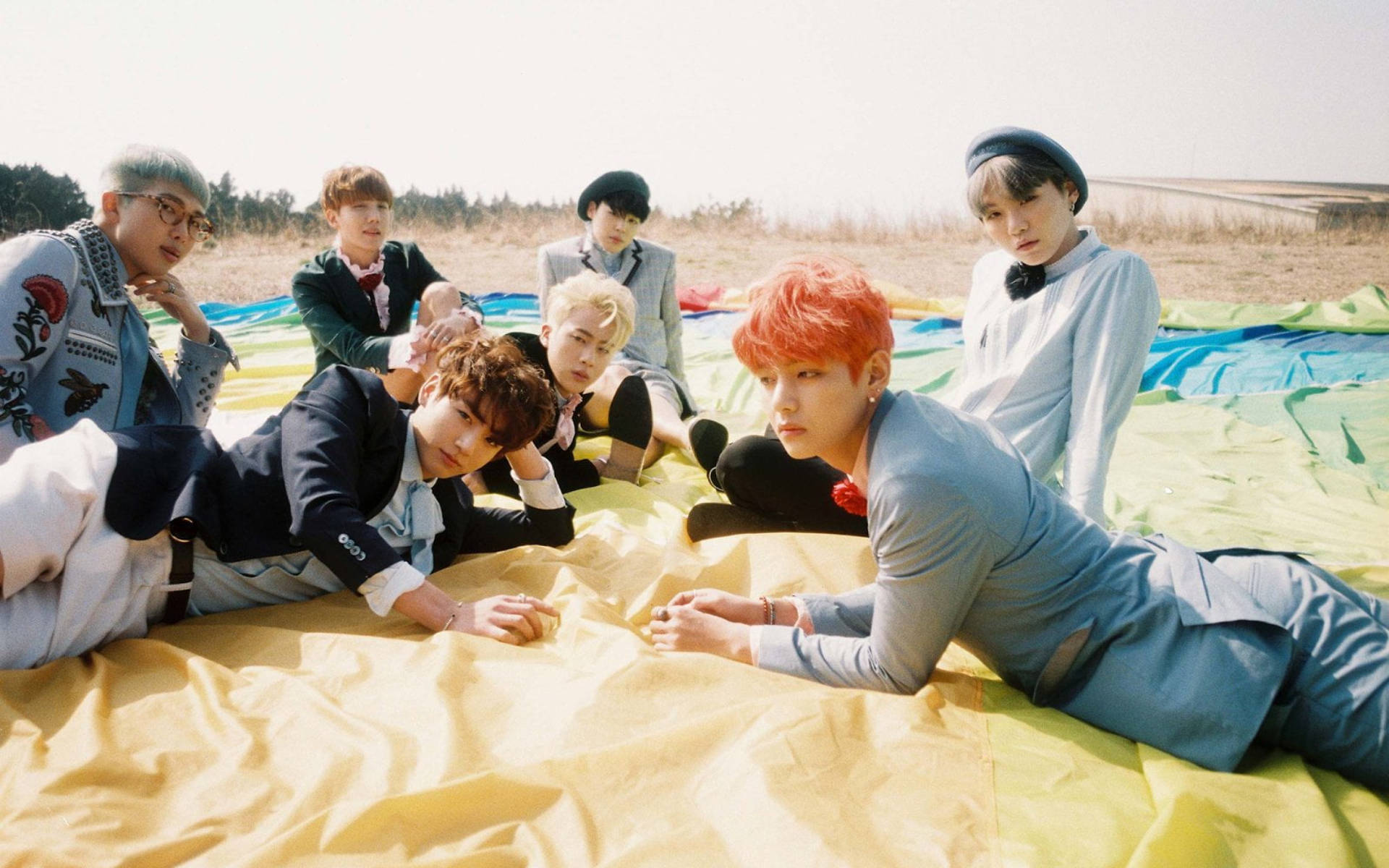 صورة جماعية لفرقة BTS في الحقل خلفية