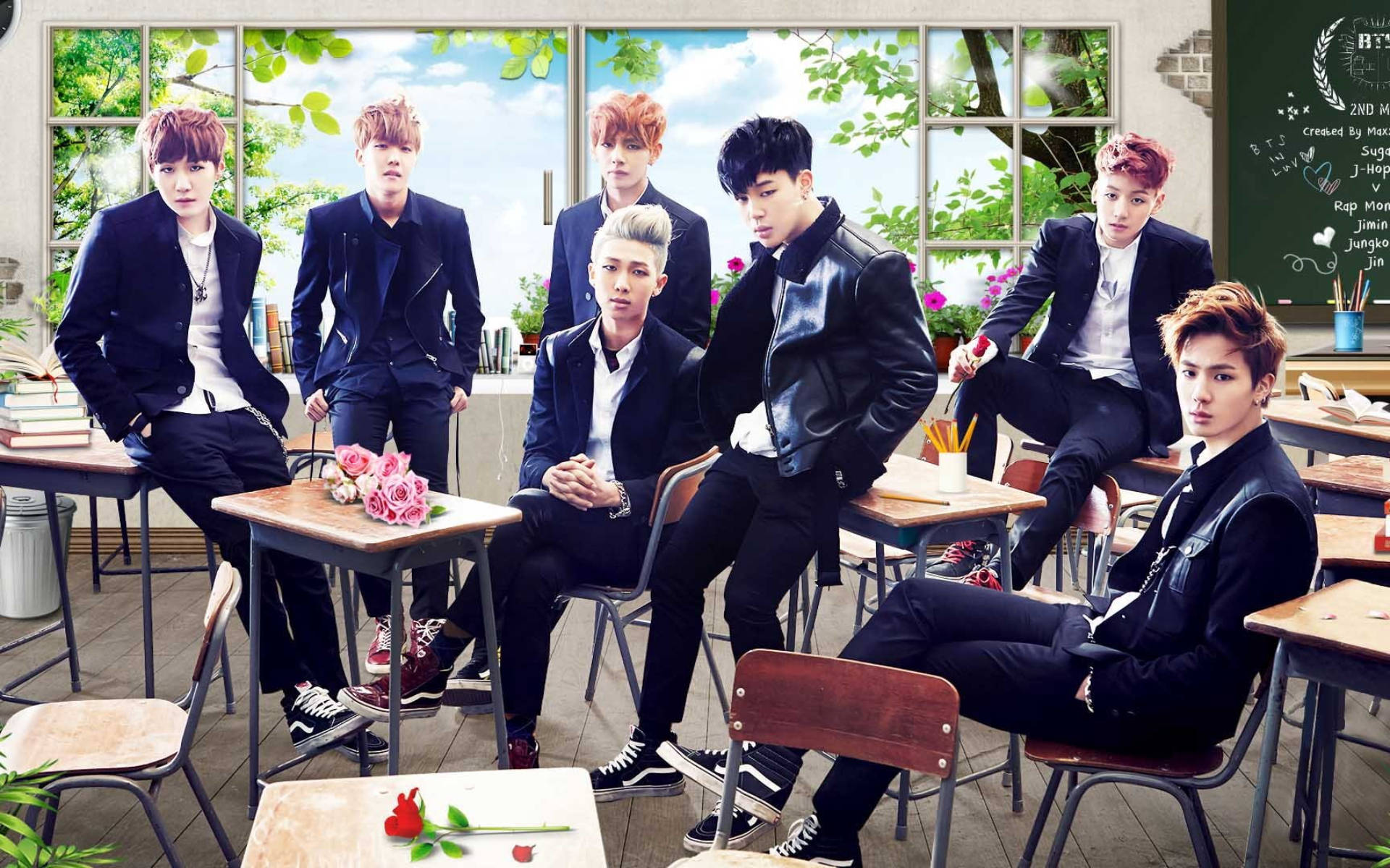صورة جماعية لفرقة BTS في الفصل الدراسي خلفية
