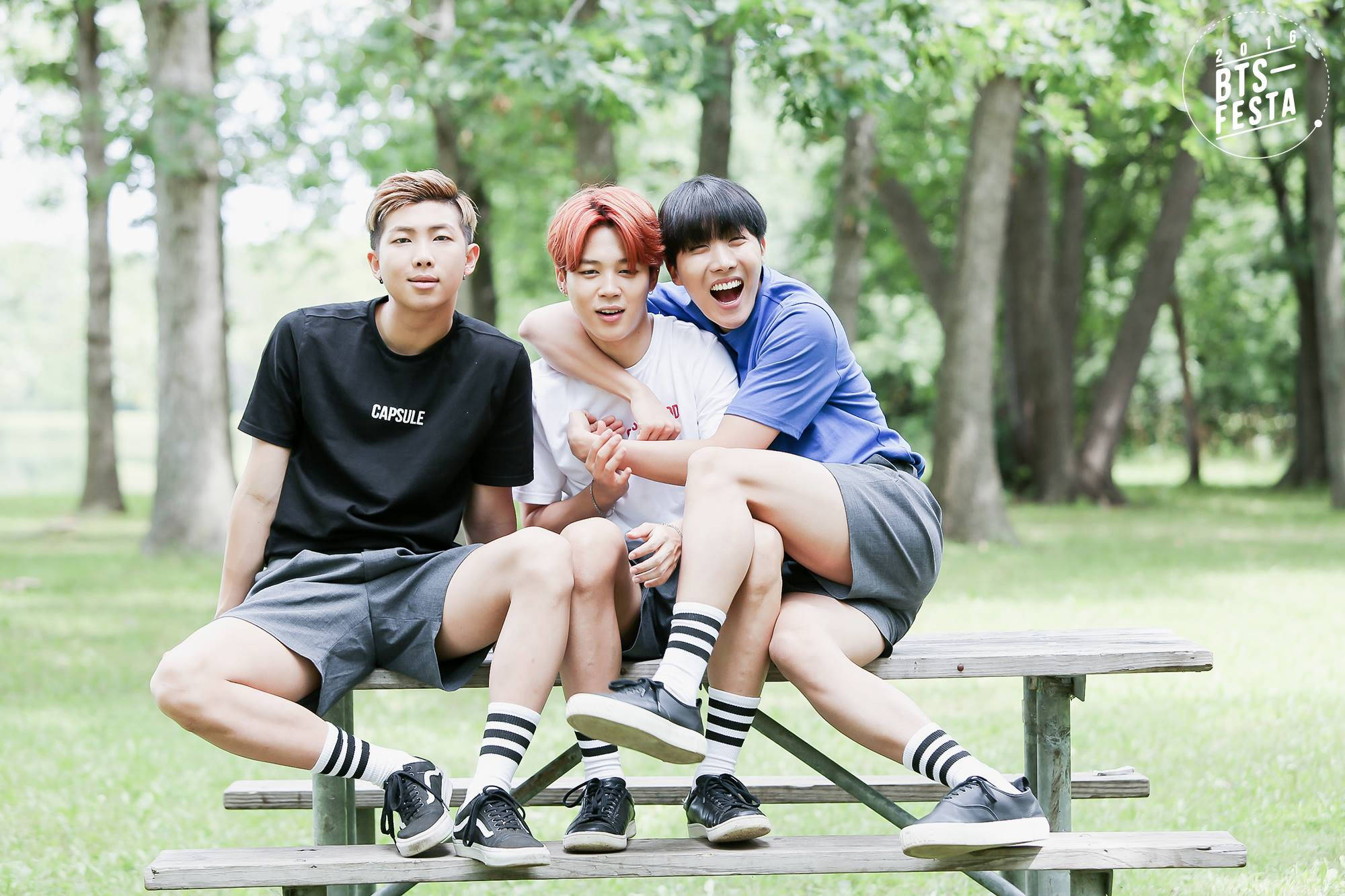 ثلاثي BTS الجمالي على مقعد الحديقة خلفية