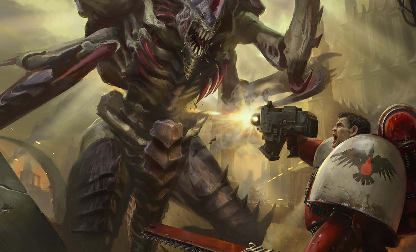 خلفية غابرييل أنجيلوس وهو يحارب التيرانيد في Dawn Of War III خلفية