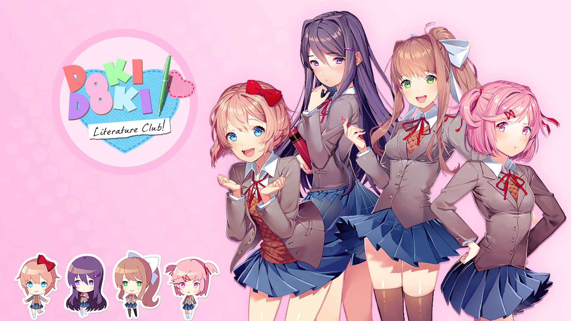 فتيات Ddlc على خلفية بيضاء مع الشعار خلفية