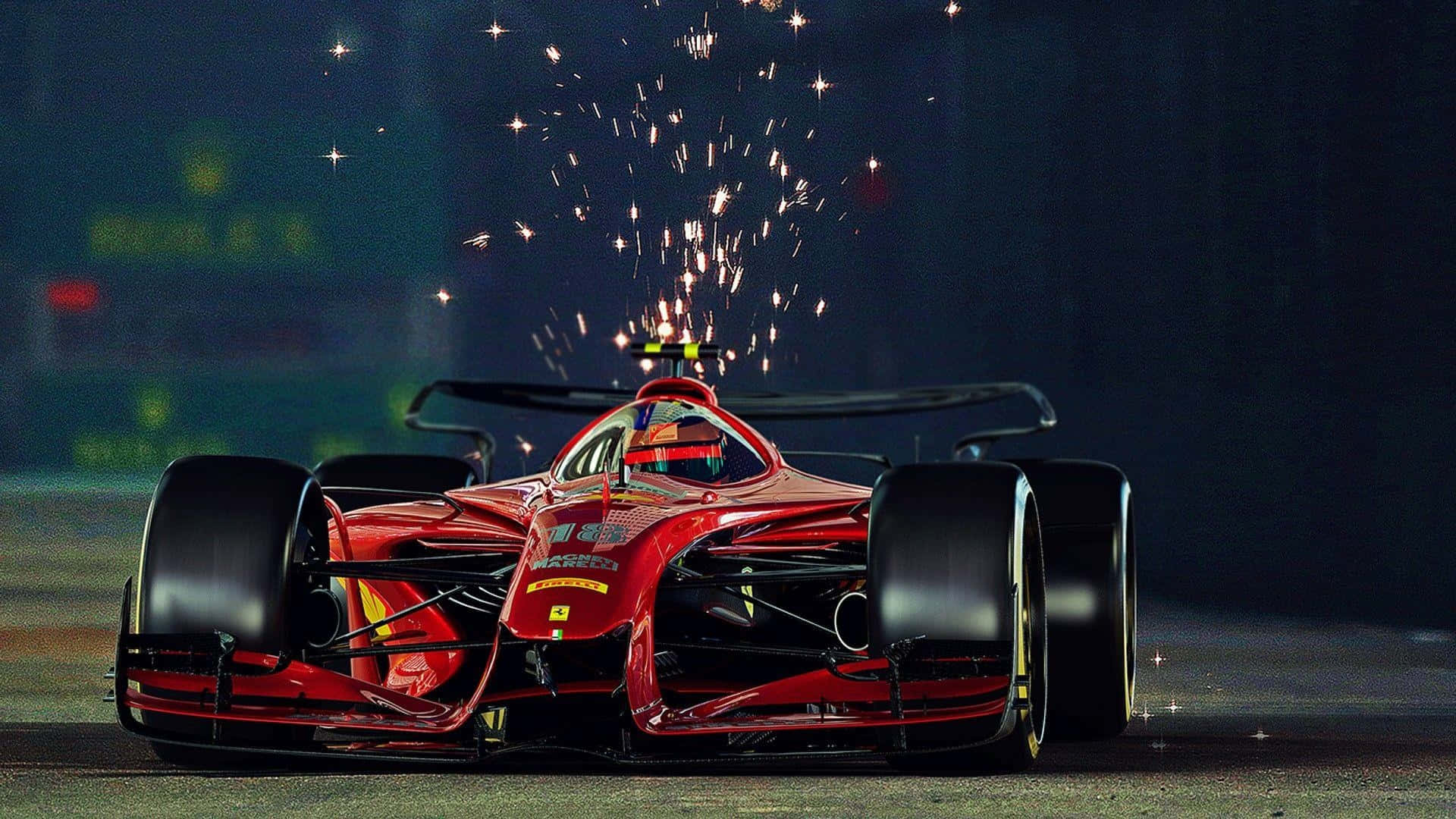 سيارة سباق حمراء مع شرارات من لعبة F1 خلفية