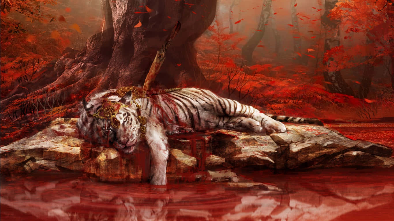 خلفية Far Cry 4 بحجم 1366x768 نمر يحتضر ملطخ بالدماء خلفية