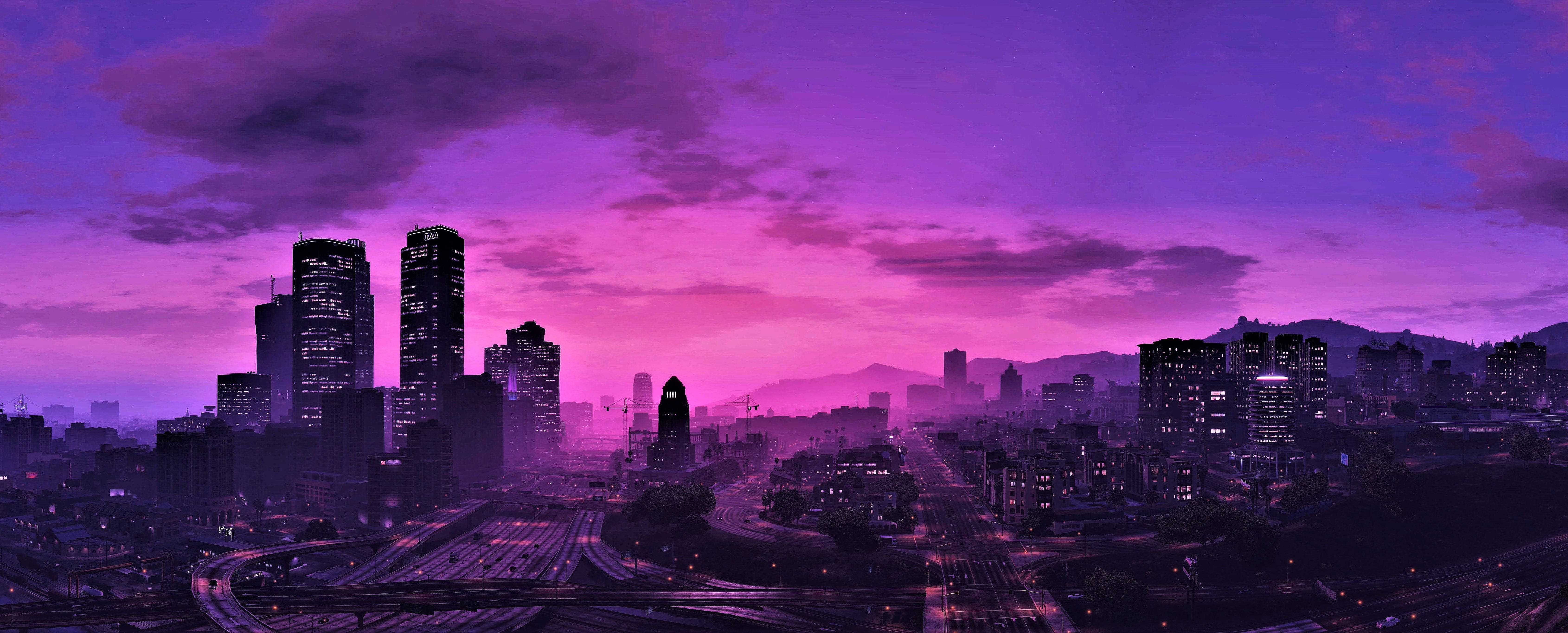 أفق مدينة GTA 5 الأرجواني للألعاب بدقة 1080p خلفية