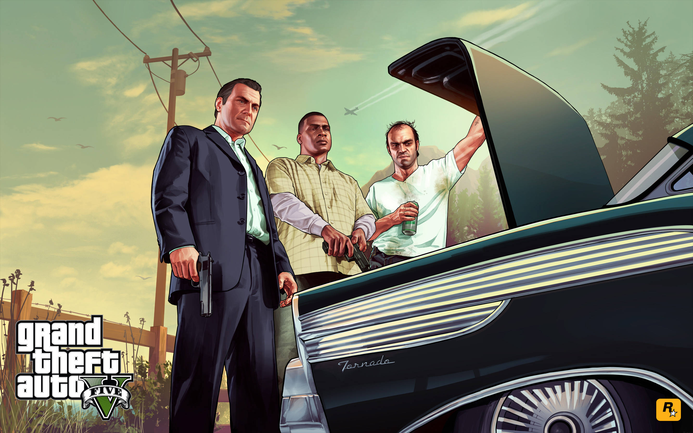 شخصيات GTA 5 تتفقد غطاء المحرك بدقة 4K خلفية