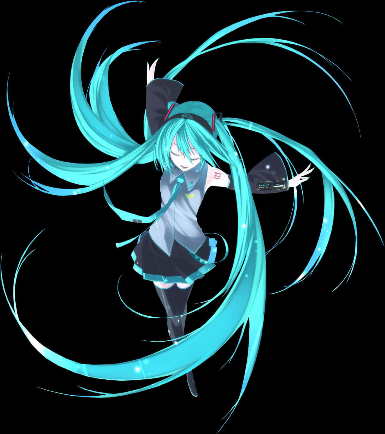 وضعية ديناميكية لـ Hatsune Miku مع شعر دوار خلفية
