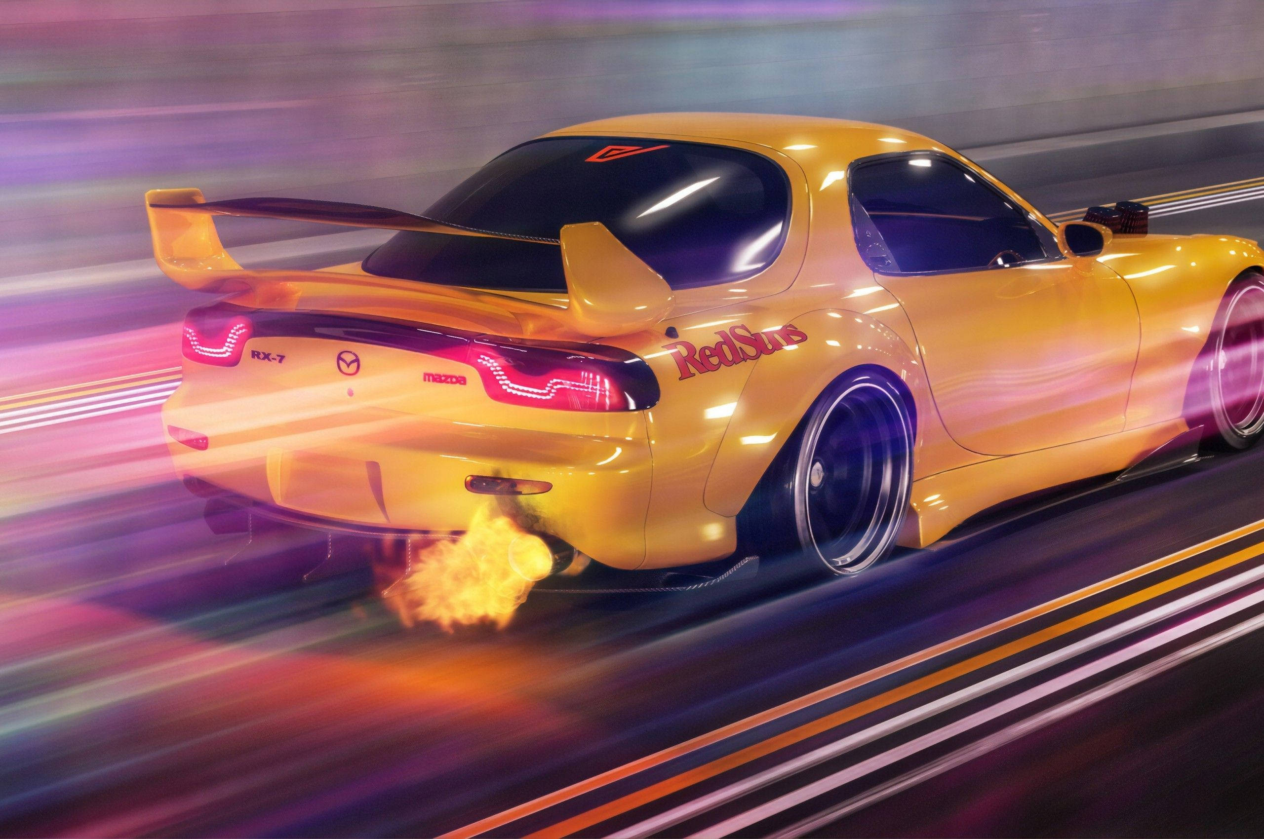 سيارات JDM صفراء متسارعة خلفية