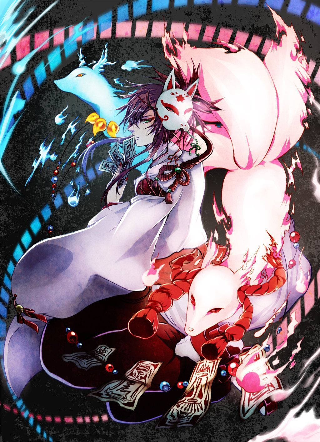 أرواح kitsune حول فتى أنمي خلفية