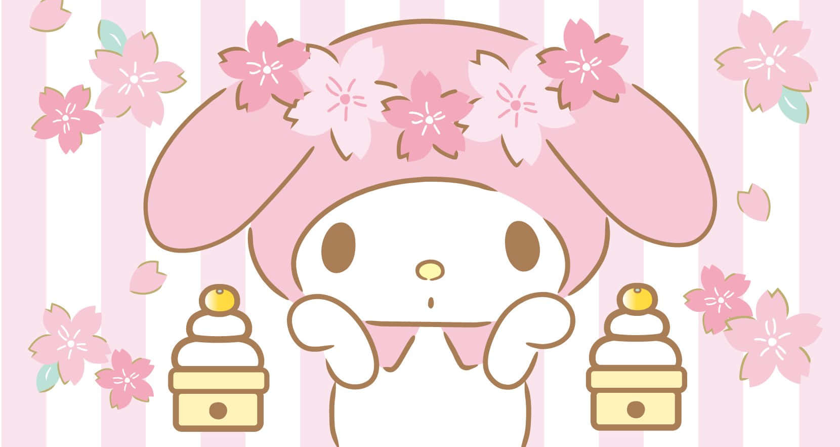 سطح مكتب My Melody مع الكعكات والزهور الوردية خلفية