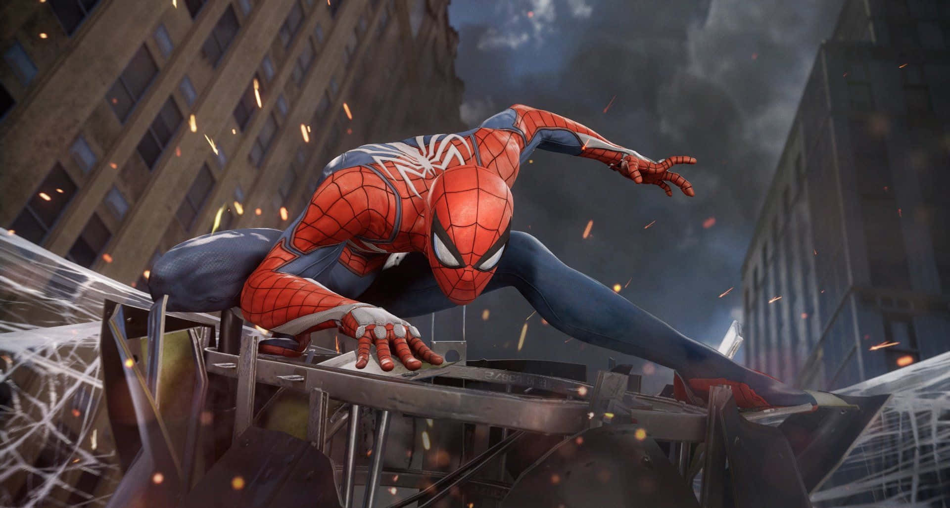 سبايدرمان بوز بطل مارفيل على حطام في لعبة PS4 خلفية
