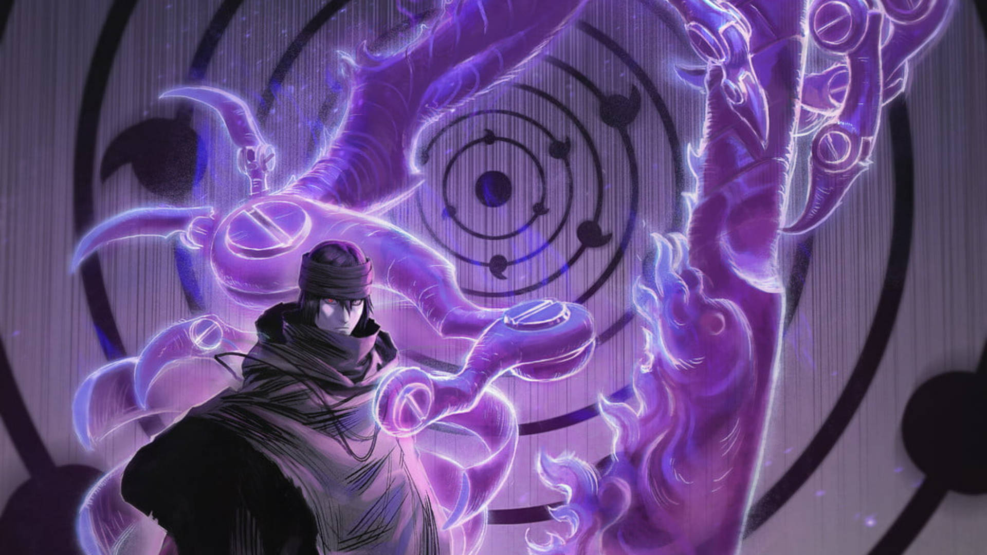 خلفية أرجوانية لـ Sasuke Rinnegan Dōjutsu.