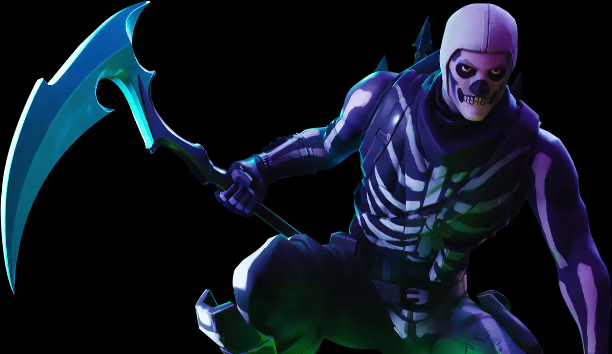 زي Skull Trooper من Fortnite مع منجل خلفية