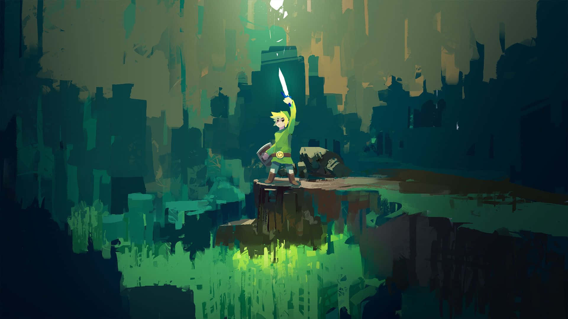 لينك، بطل سلسلة The Legend of Zelda الشاب، وفي يده الترايفورس. خلفية