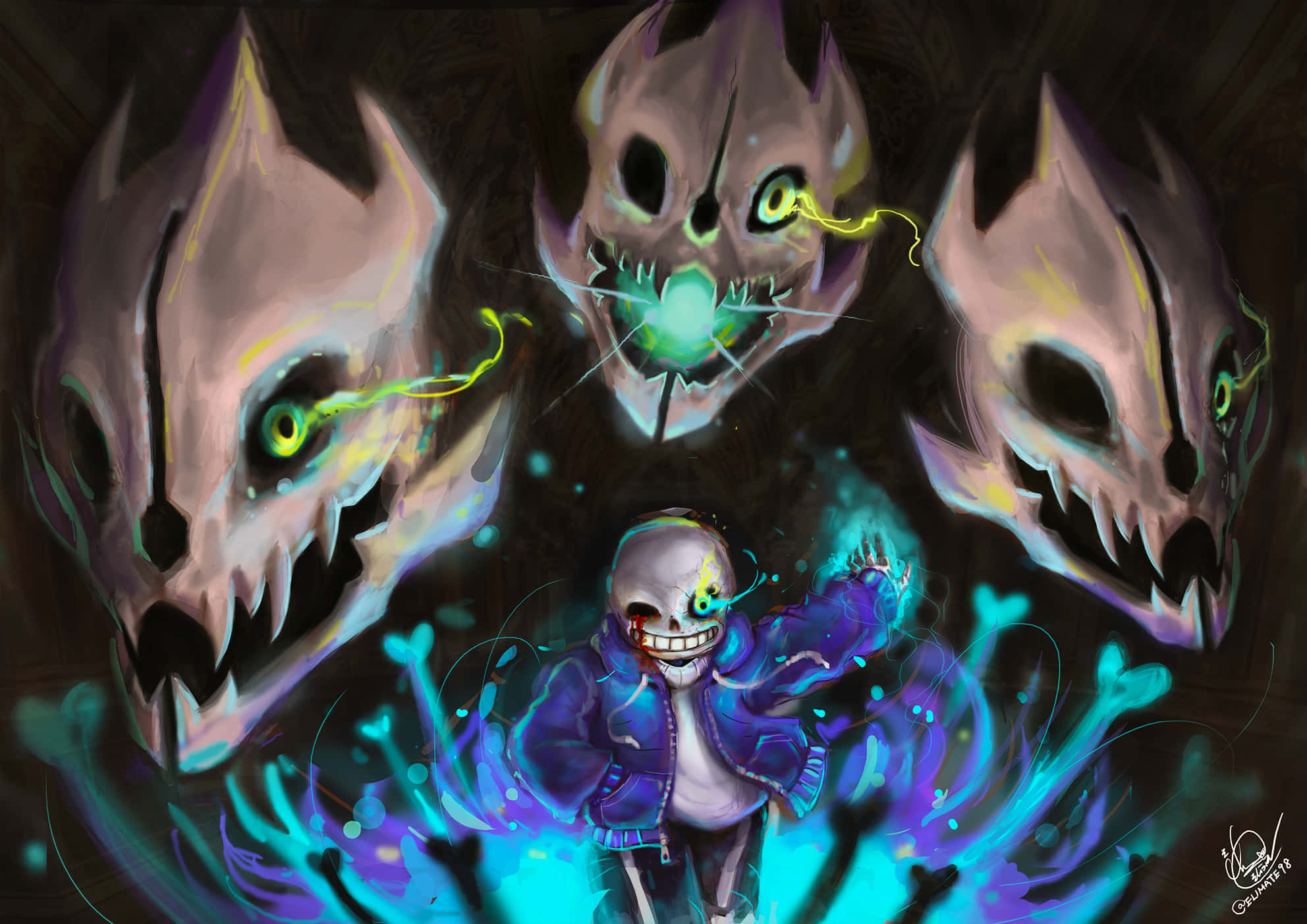 سانس من لعبة الأر بي جي المستقلة Undertale يبتسم ابتسامة ماكرة. خلفية