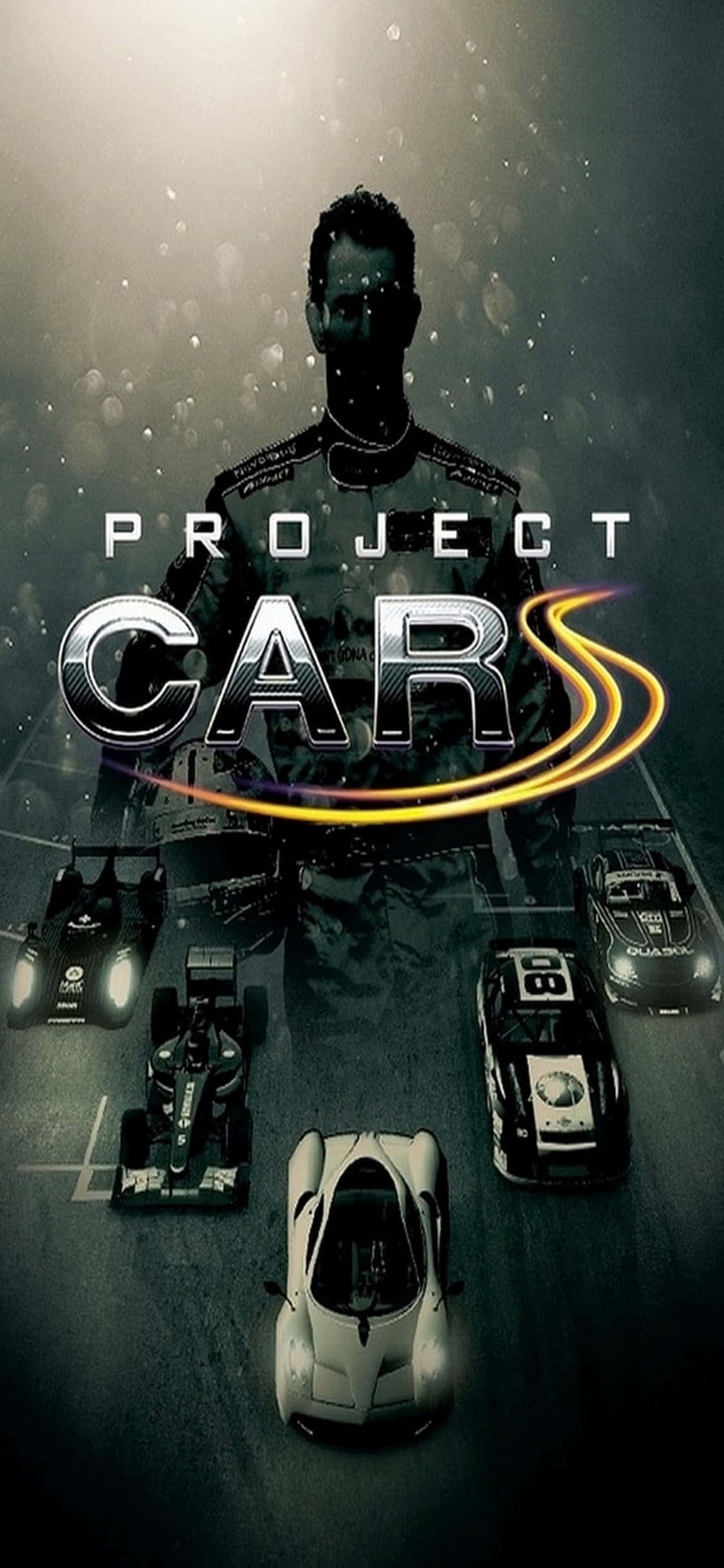 خلفية آيفون X من لعبة Project Cars مع ملصق عنوان اللعبة وسيارات متنوعة خلفية