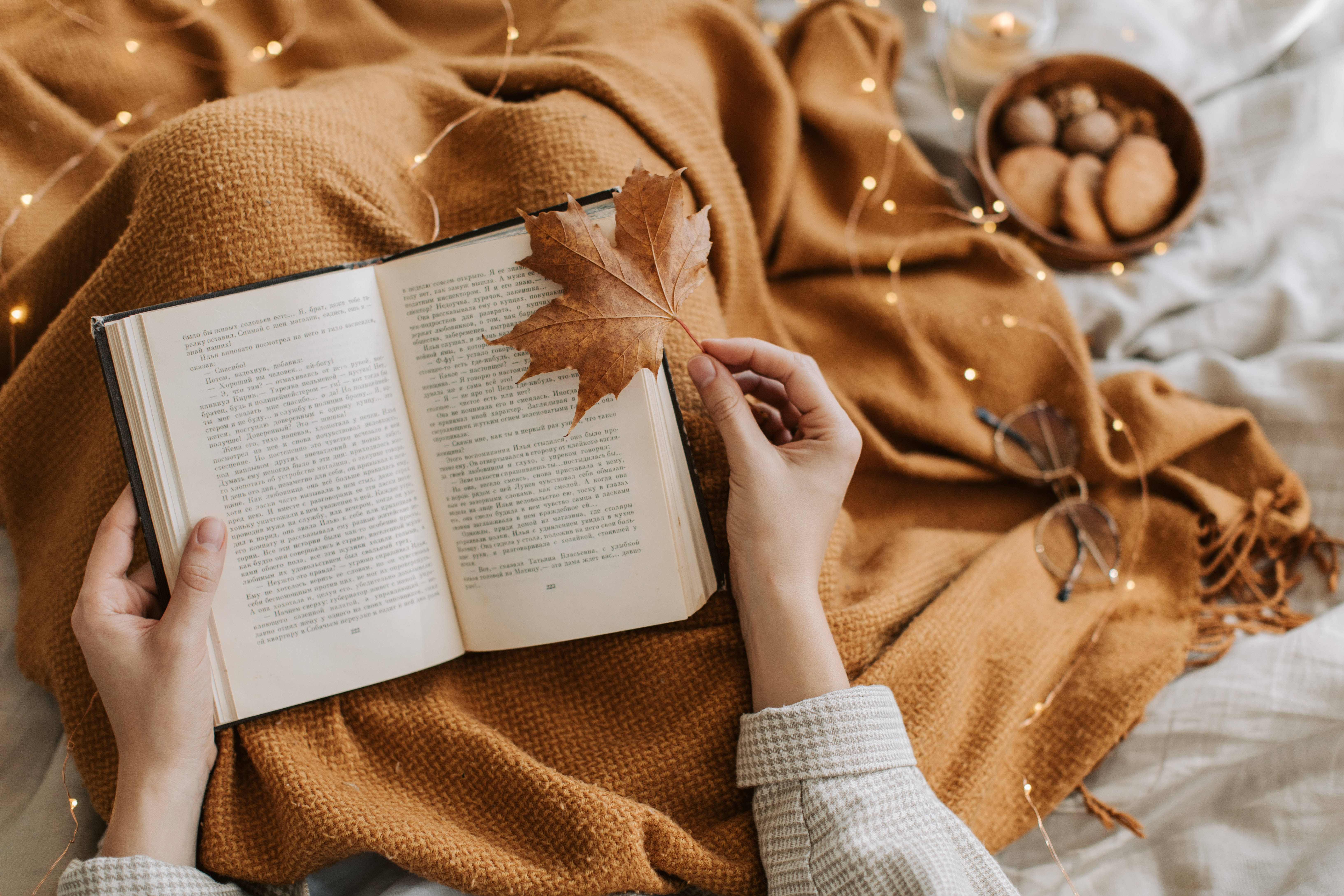 أجواء الخريف الجمالية مع كتاب على سطح المكتب خلفية