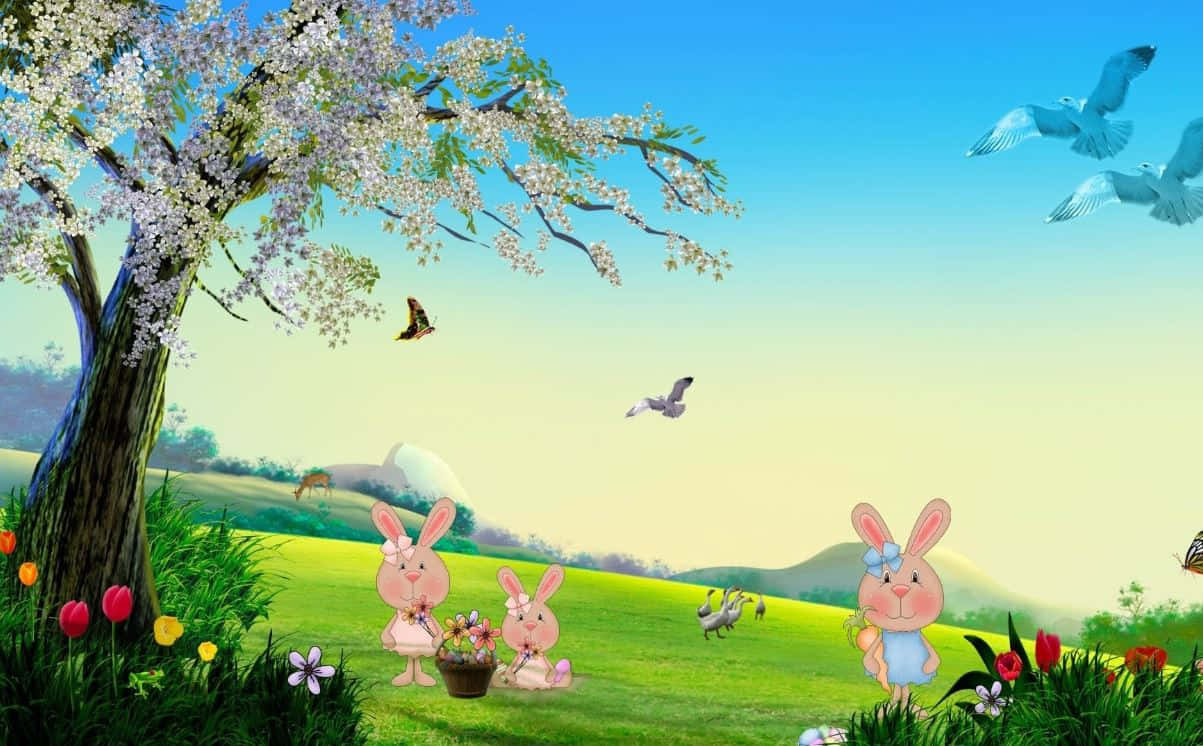 أرانب عيد الفصح الظريفة في مرج ربيعي خلفية