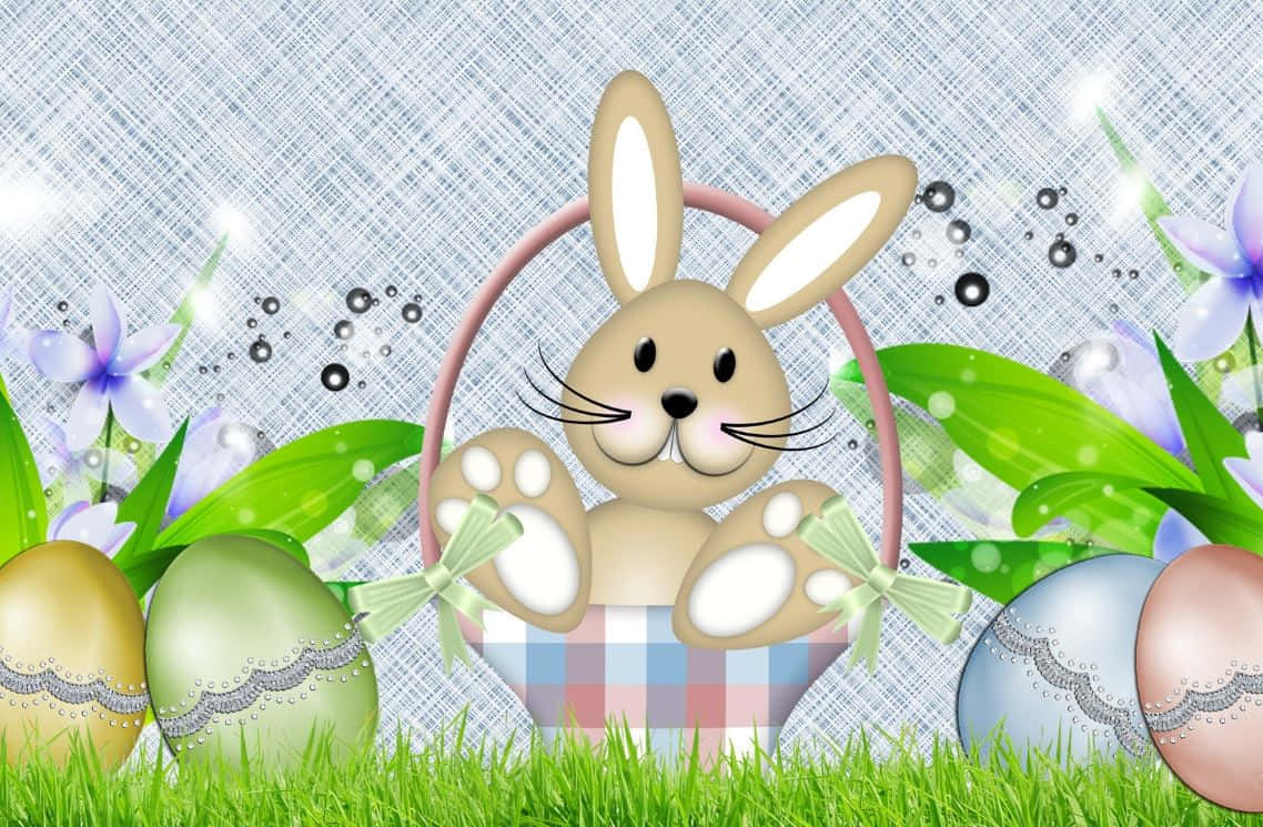 أرانب عيد الفصح الظريفة مع بيض ملون في حديقة مزهرة خلفية