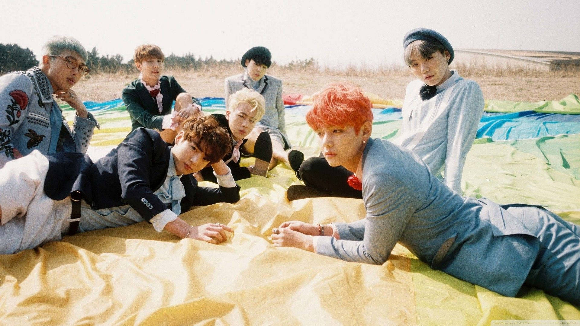 أعضاء BTS مستلقون على حقل مع لابتوب خلفية