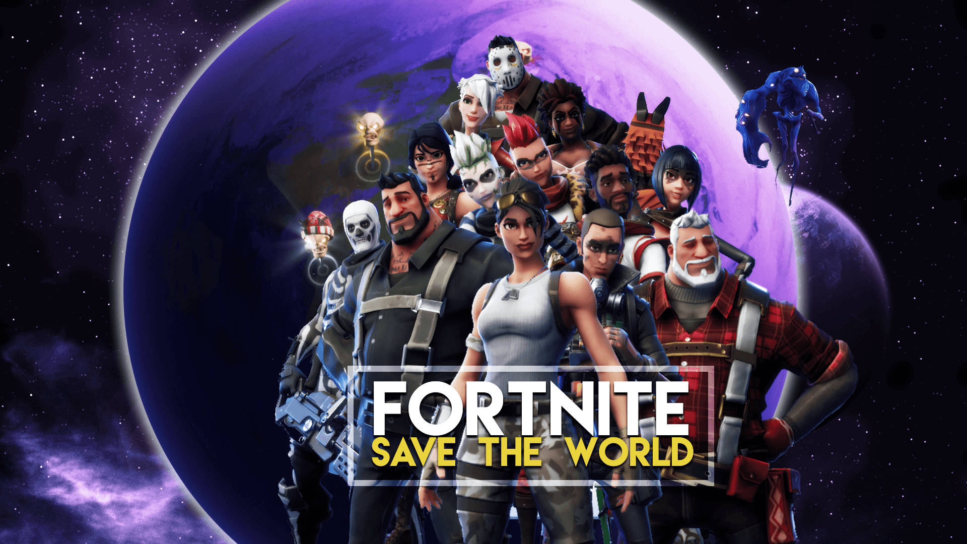 مجموعة من شخصيات فورتنايت من وضع أنقذ العالم مع خلفية كوكب.