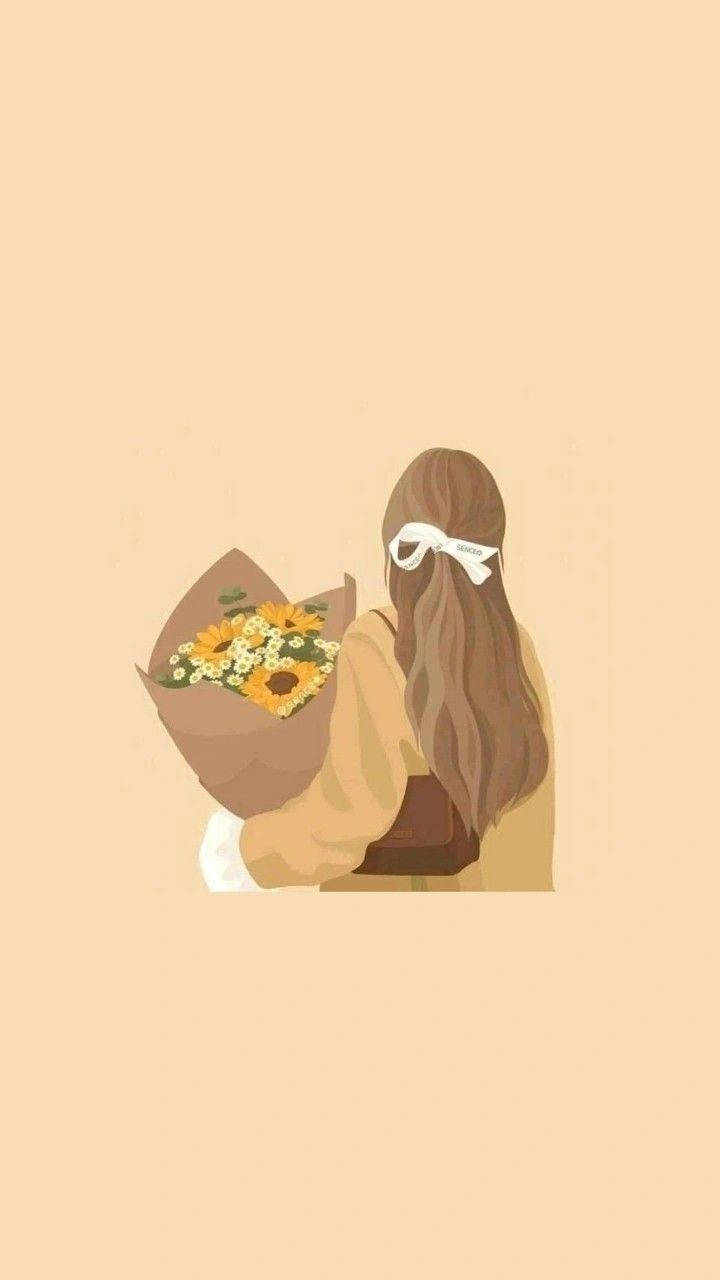 امرأة مع باقة زهور جمالية بيج للهاتف