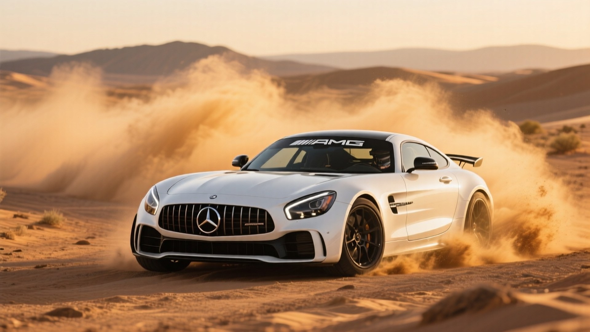 سيارة مرسيدس-AMG GT R بيضاء تنحرف في الصحراء خلال الساعة الذهبية