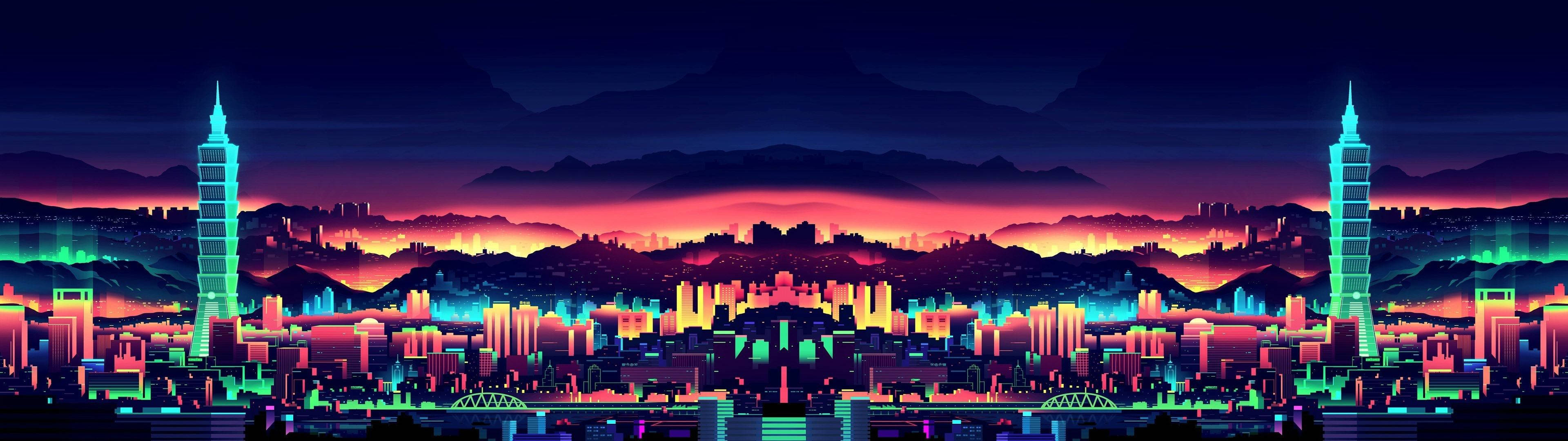فن مدينة على شاشة مزدوجة بدقة 3840x1080 HD