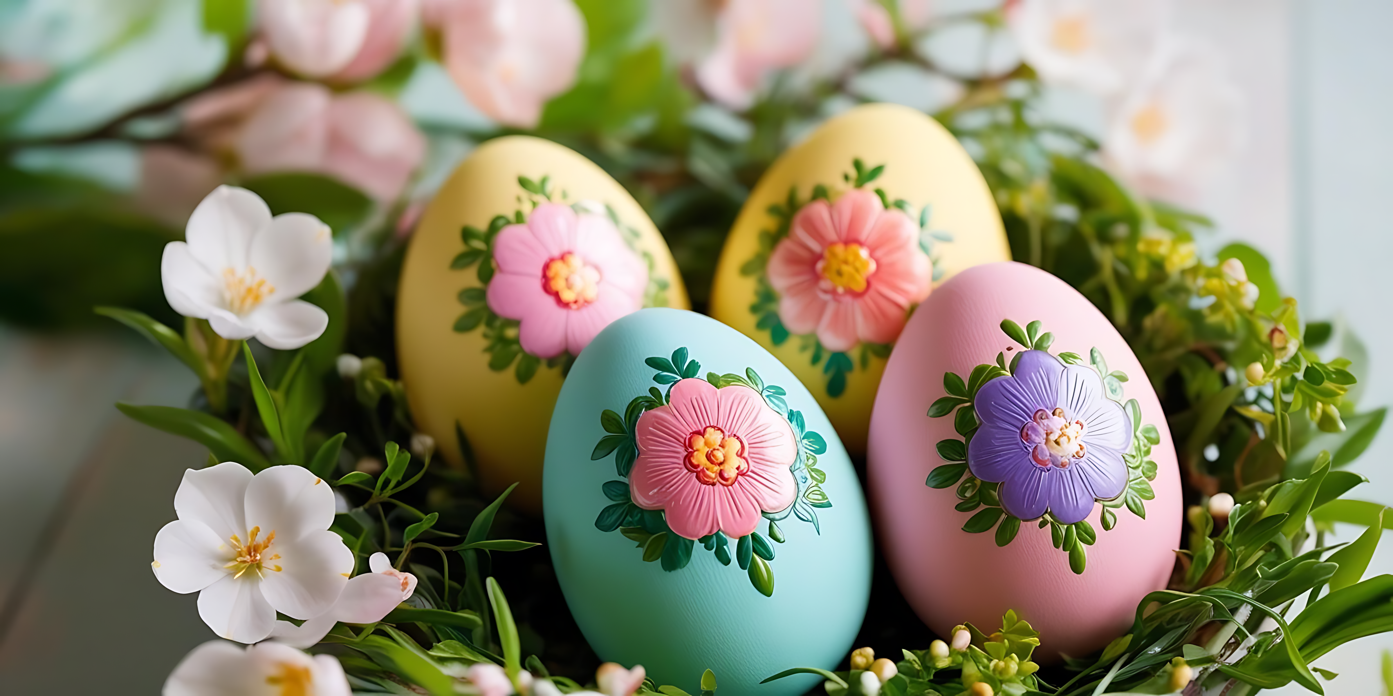 بيض عيد الفصح المزين بالورود المرسومة يدويًا خلفية