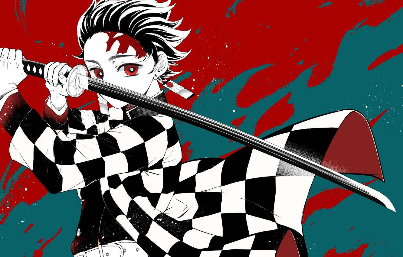خلفية Demon Slayer لكامادو تانجيرو وهو يحمل سيفًا طويلًا أسود أنيقًا.