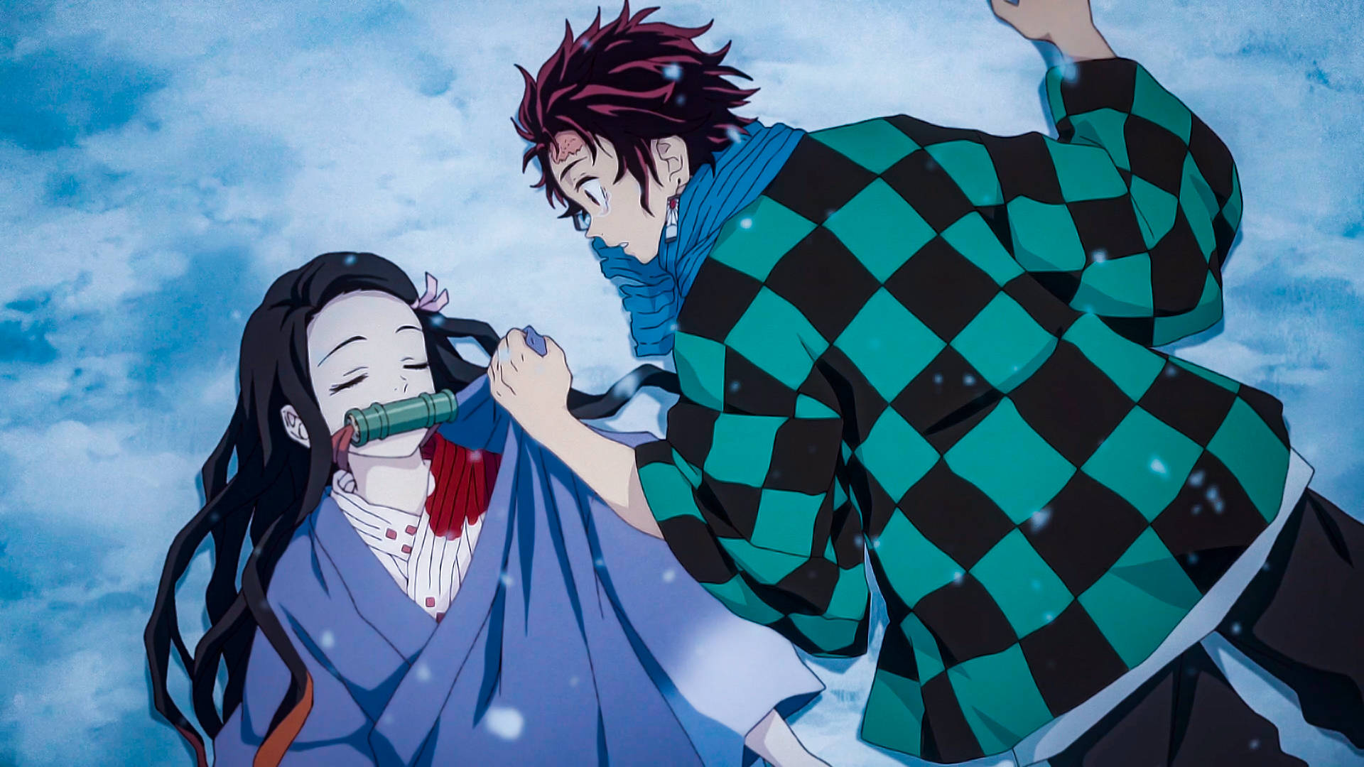 خلفية Demon Slayer لتانجيرو على أرض ثلجية ينظر إلى نيزوكو