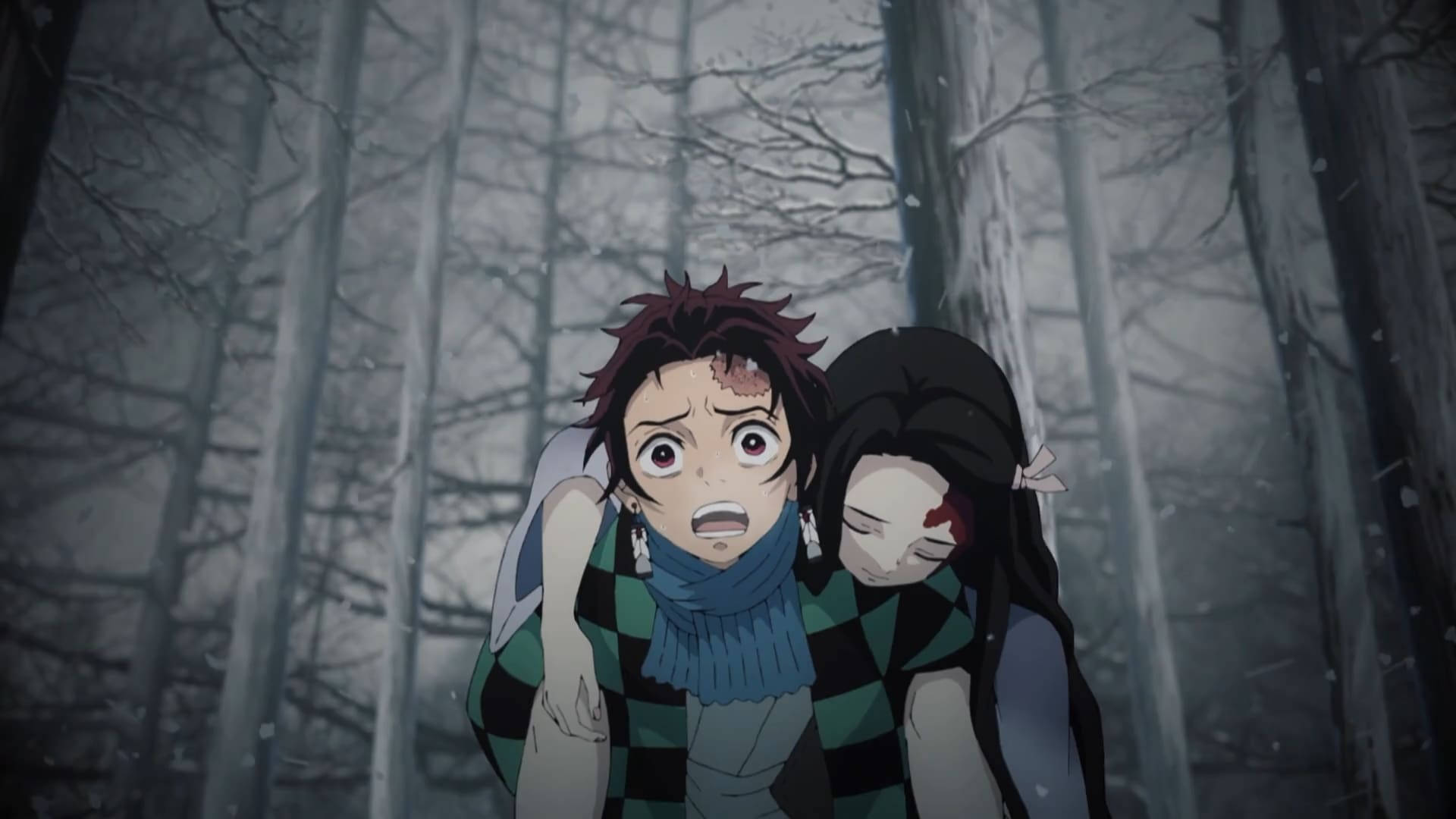 خلفية Demon Slayer لكامادو تانجيرو وهو يحمل نيزوكو الجريحة.