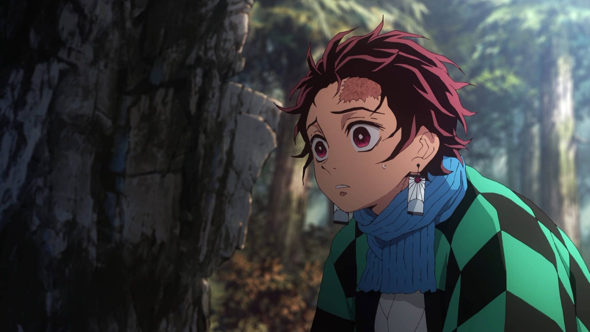 خلفية Demon Slayer لكامادو تانجيرو وهو يبدو حزينًا في الغابة.