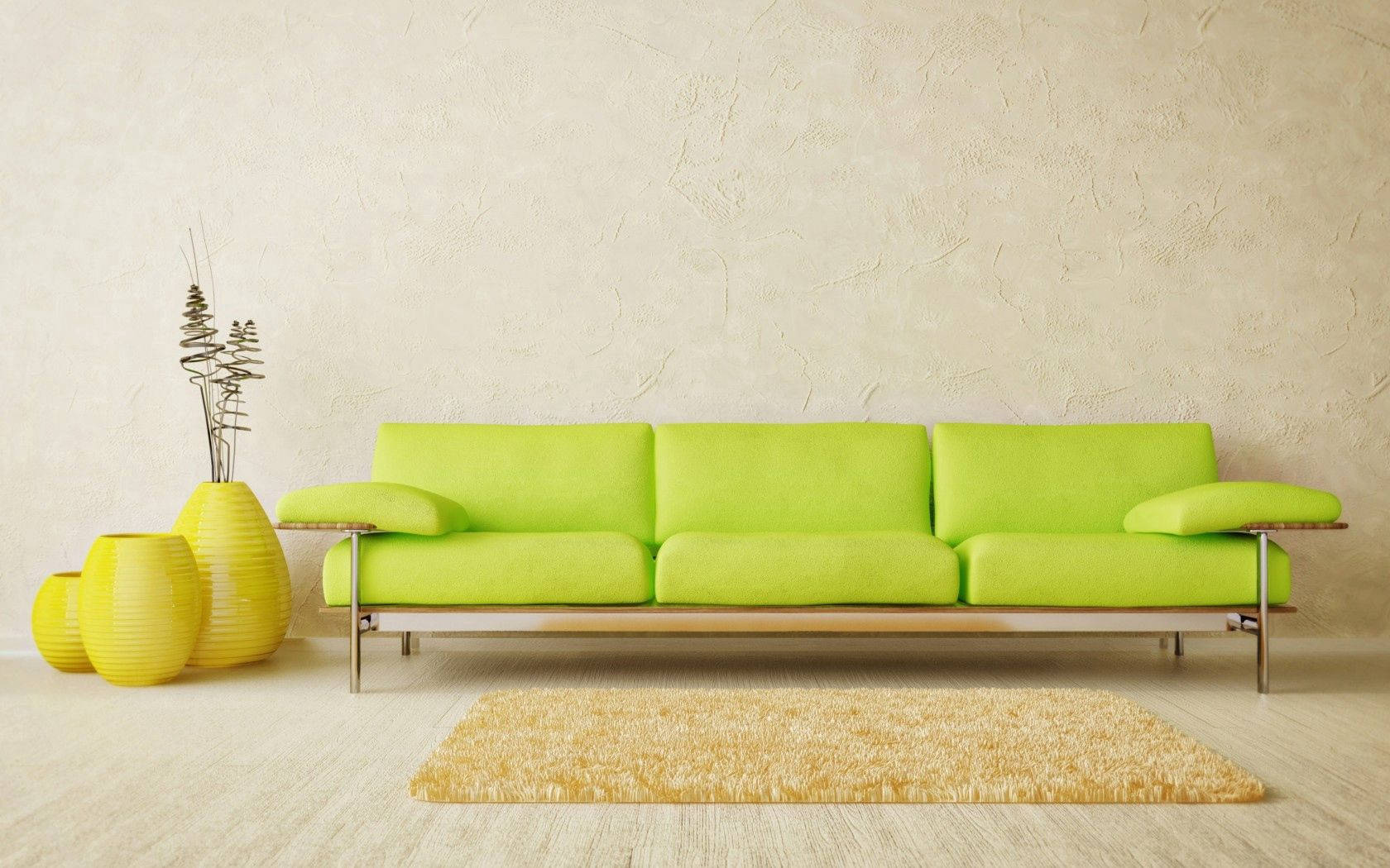 خلفية تصميم داخلي بسيط لأريكة خضراء فاتحة ومزهرية صفراء داخل غرفة