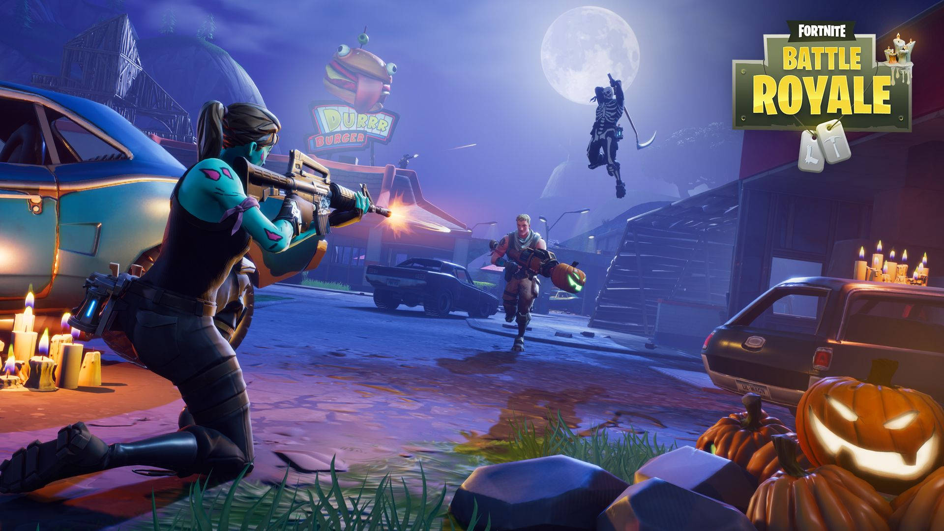 قتال ليلي بين ثلاث شخصيات في خلفية فورتنايت