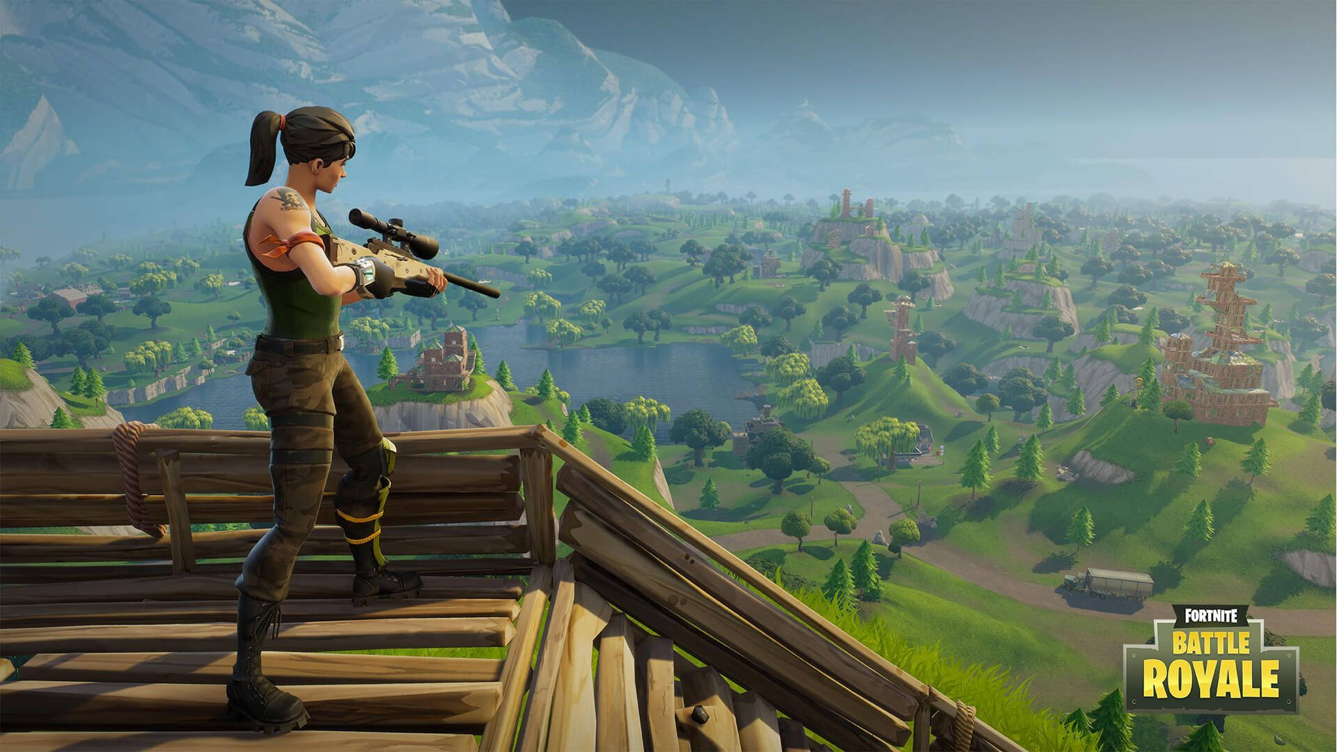 جندية تحمل بندقية قنص تبحث عن هدف على الأرض في خلفية لعبة فورتنايت باتل رويال