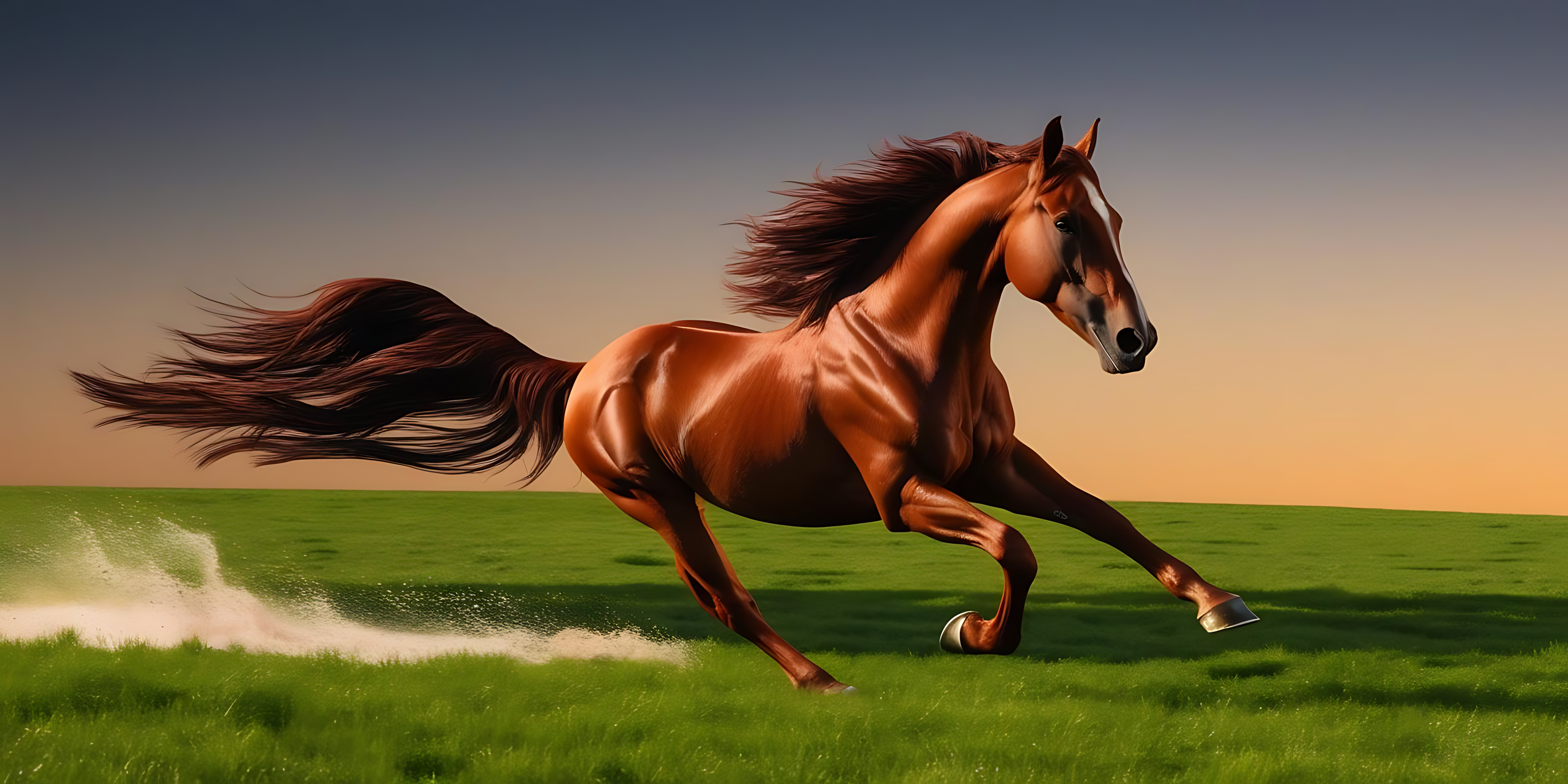 حصان بني يركض في حقل أخضر خلفية