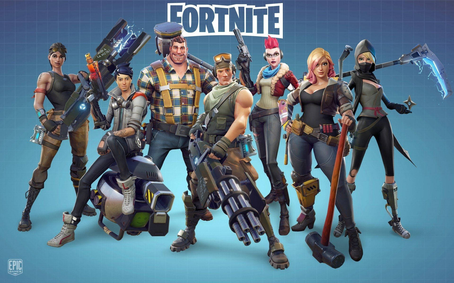 شخصيات من فورتنايت تتألق معًا على خلفية زرقاء متدرجة