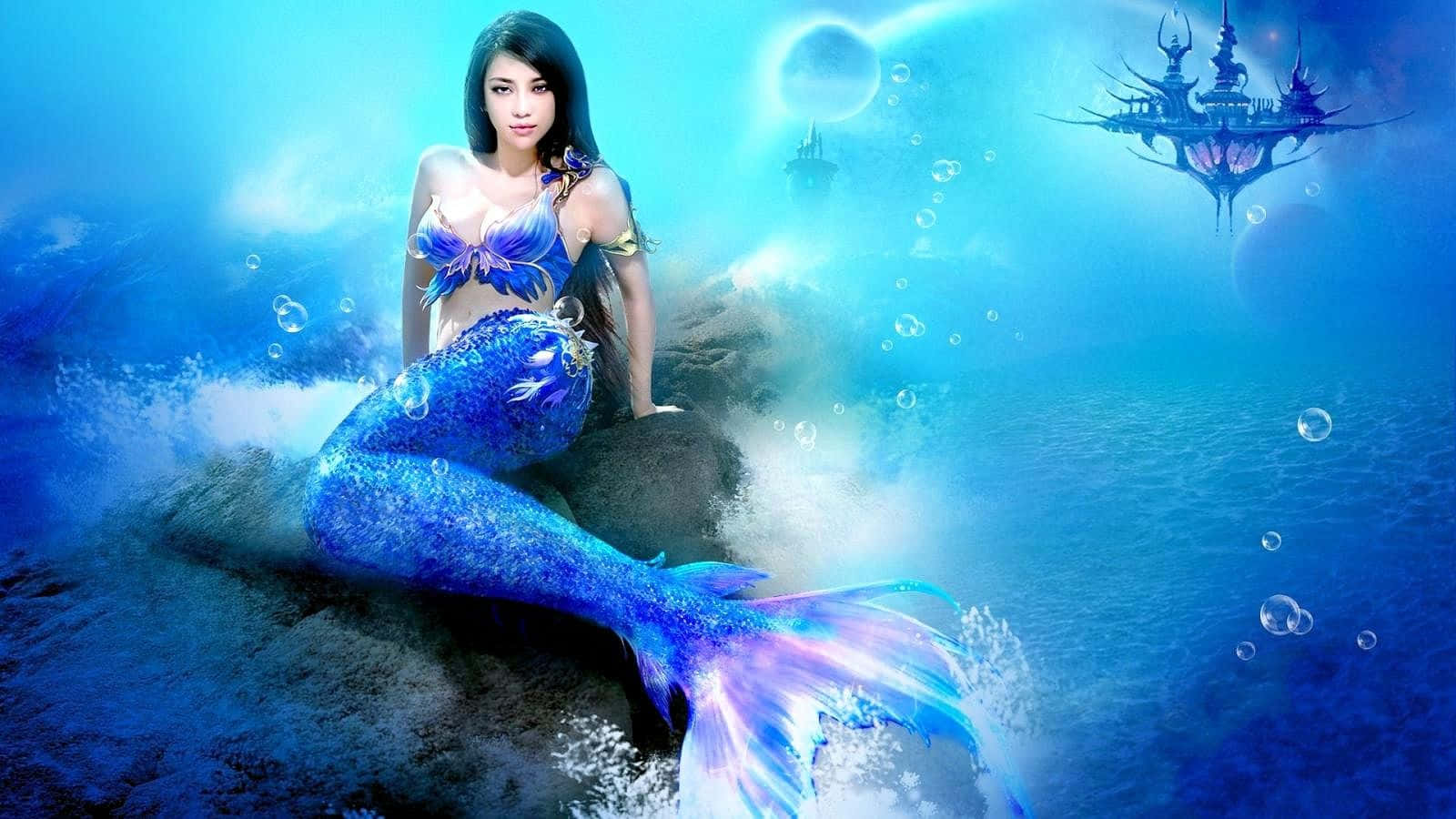 حورية بحر بذيل أزرق وقلعة حورية بحر خلفية