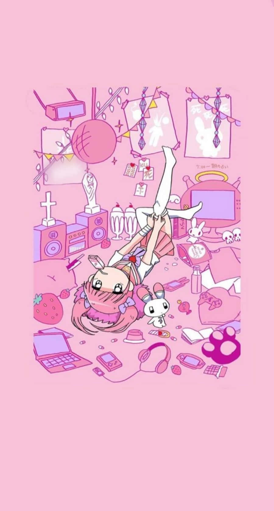 خلفية وردية جمالية كawaii لـ Menhera-chan خلفية