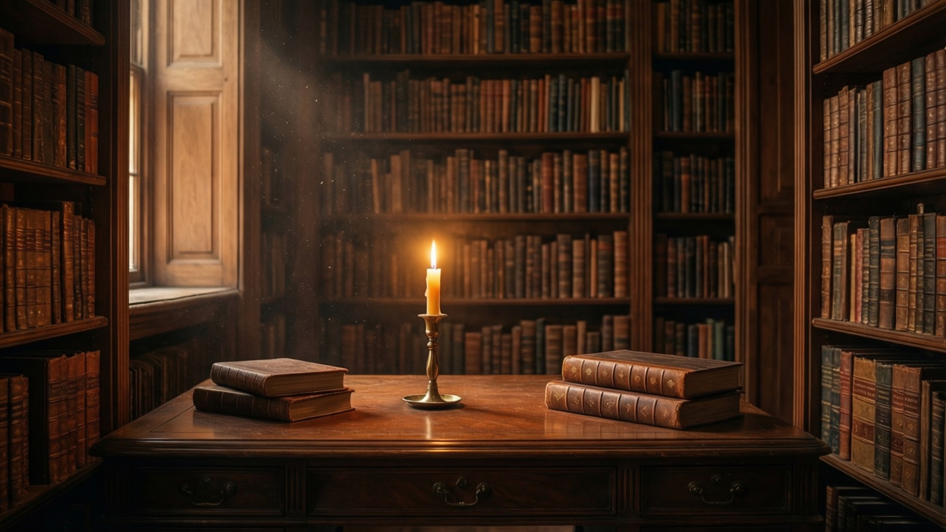 مشهد مكتبة أكاديمية داكنة دافئة مع ضوء الشموع وكتب قديمة.