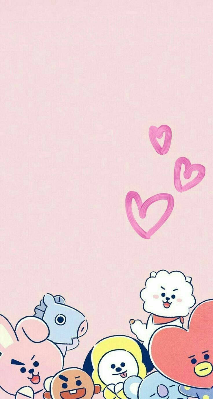 رسوم شخصيات BT21 اللطيفة مع قلوب خلفية